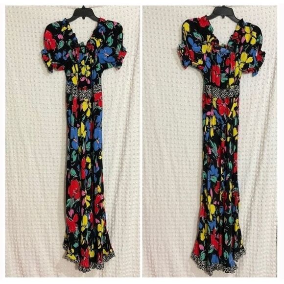 NWT RIXO Polka Dot Floral Off Shoulder Puff Sleeve Maxi Dress - Picture 5 of 5